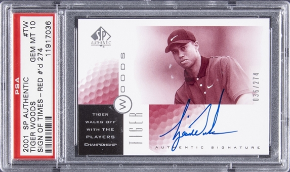 2001 SP Authentic "Sign of the Times - Red" #TW Tiger Woods Signed Rookie Card (#036/274) – Players Championship Shot – PSA GEM MT 10